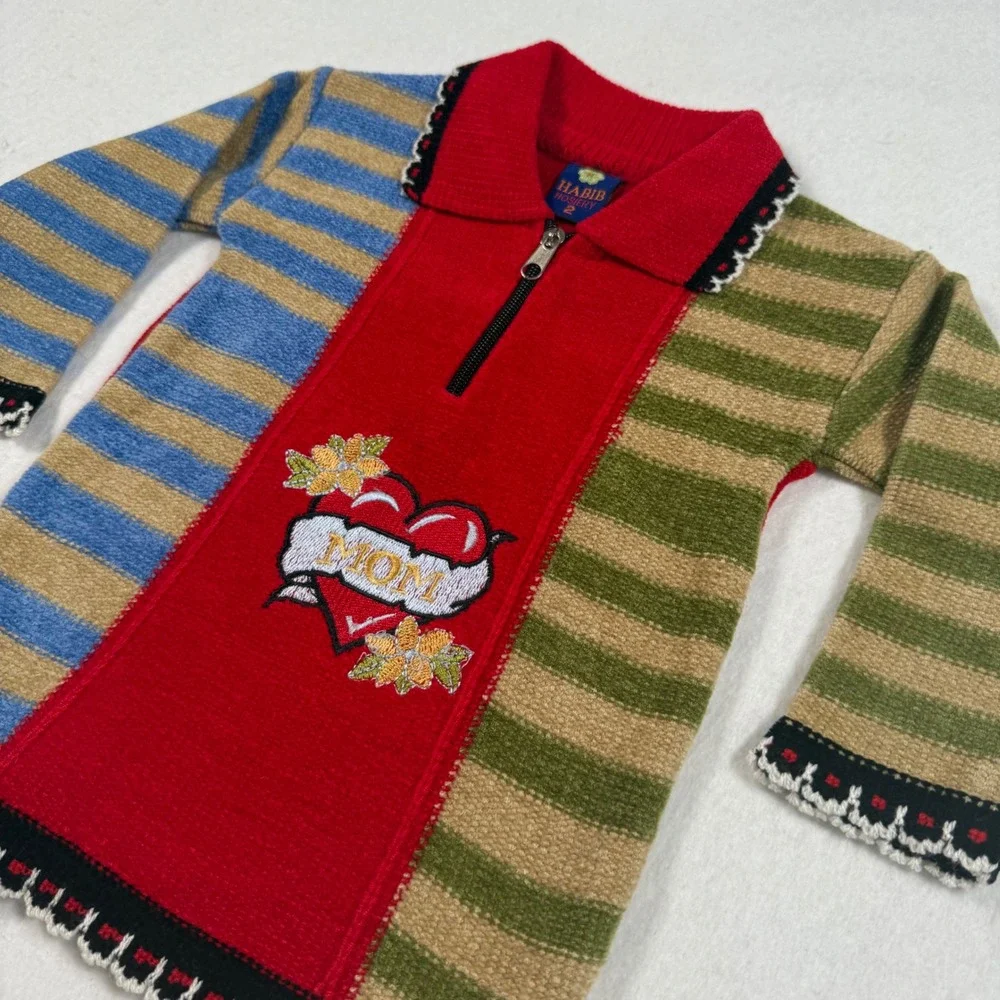 Habib Hosiery Kids Size 2 Colorblock Striped Mom Heart Quarter Zip Knit Sweater